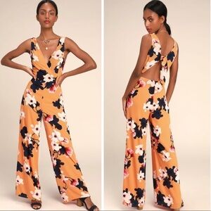 NWT Lulus Size XS Heart Abloom Orange Floral Wide-Leg Jumpsuit Cut Out Back